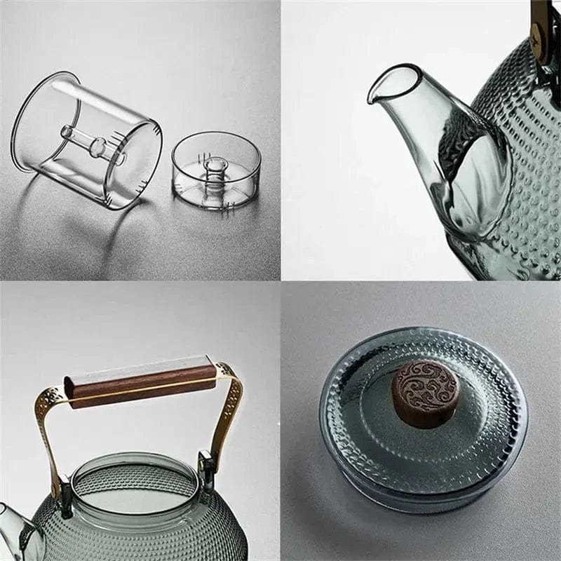 1L glazen theepot met stippen en houten handvat