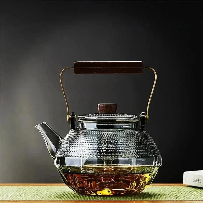 1L glazen theepot met stippen en houten handvat