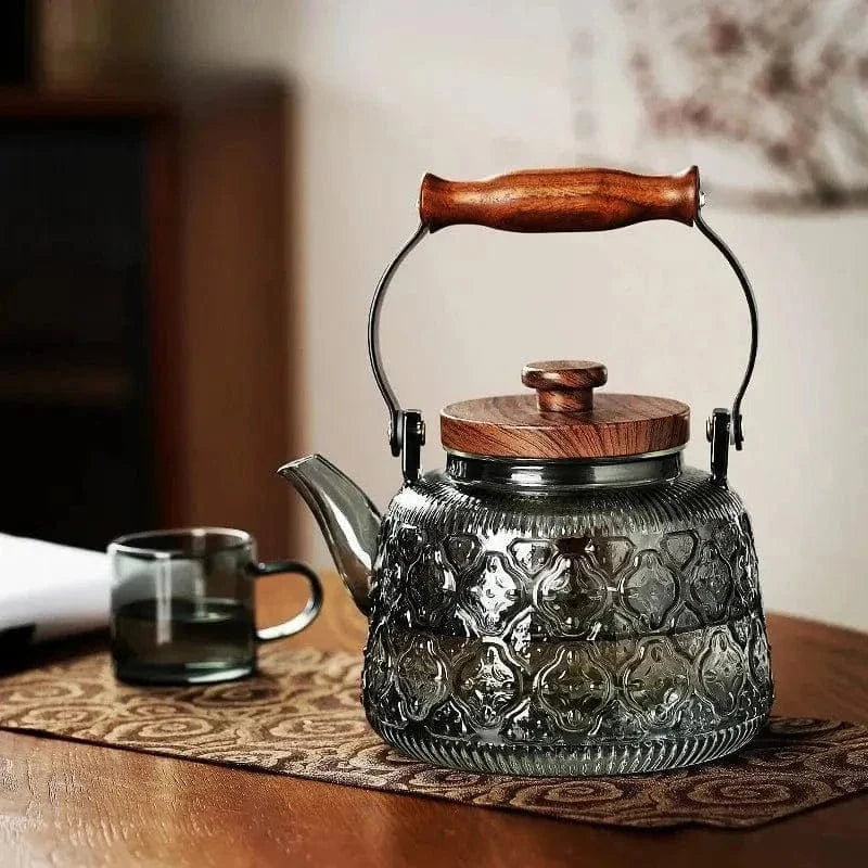 900 ml reliëf theepot van transparant grijs glas en hout