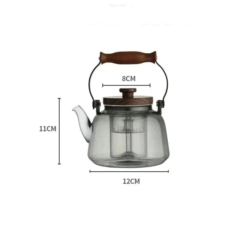 900 ml transparante grijze theepot van glas en hout