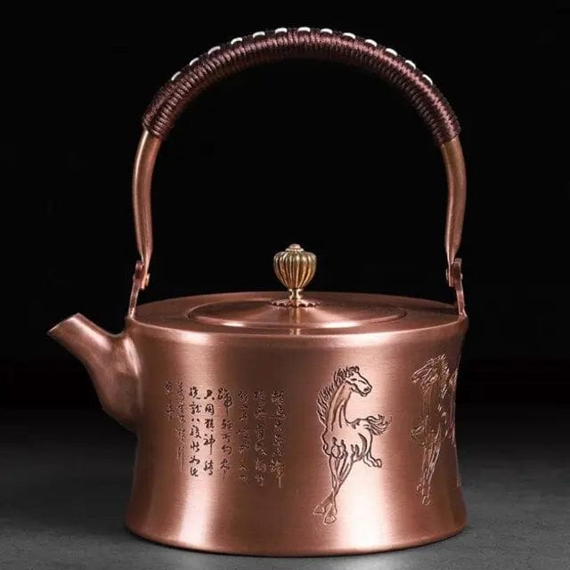 Chinese koperen theepot met paardenmotieven 1L