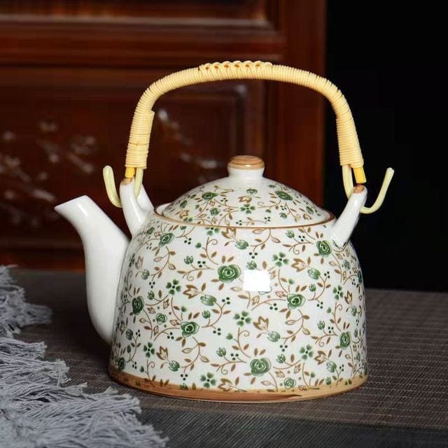 Chinese porseleinen theepot met groene bloemen, 900 ml