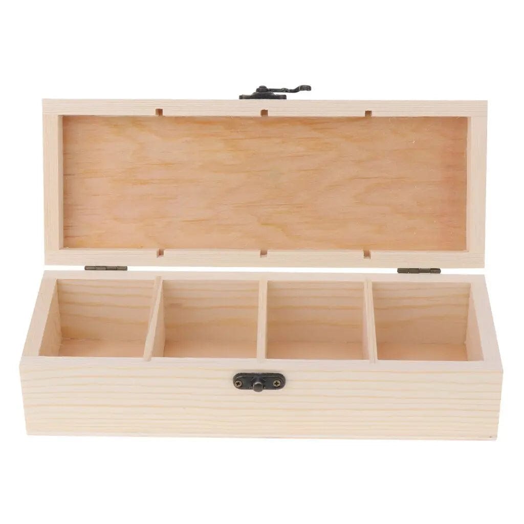 Eenvoudige houten theedoos met 4 opbergvakken