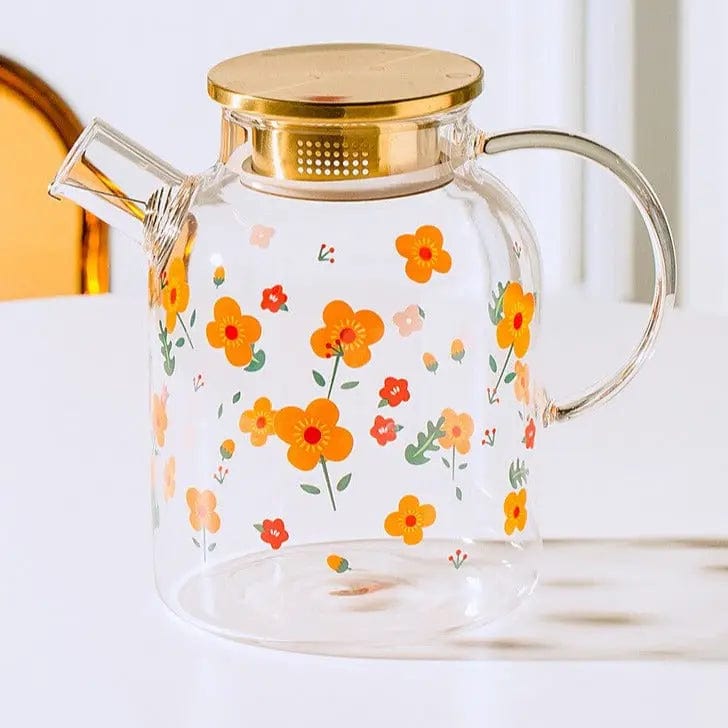Glazen theepot met gouden deksel en bloemenpatroon 1L - 1,7L