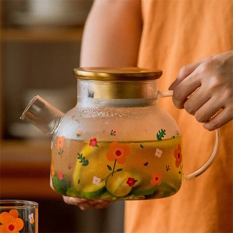 Glazen theepot met gouden deksel en bloemenpatroon 1L - 1,7L