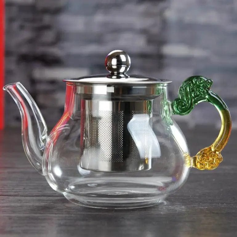 Glazen theepot met groen en geel handvat 350 ml