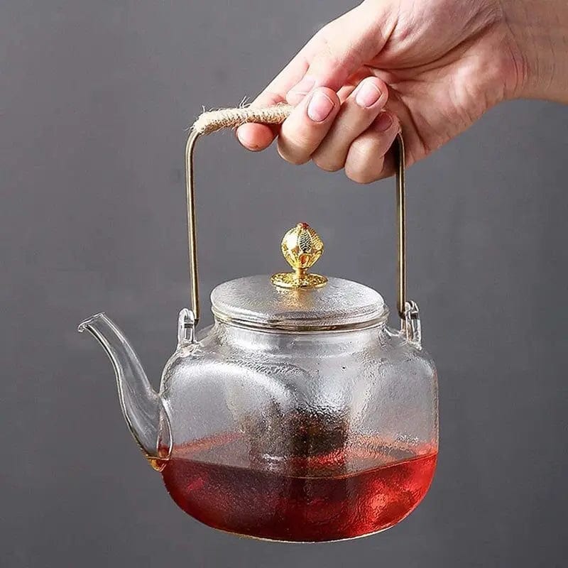 Glazen theepot met koperen handvat, 700 ml