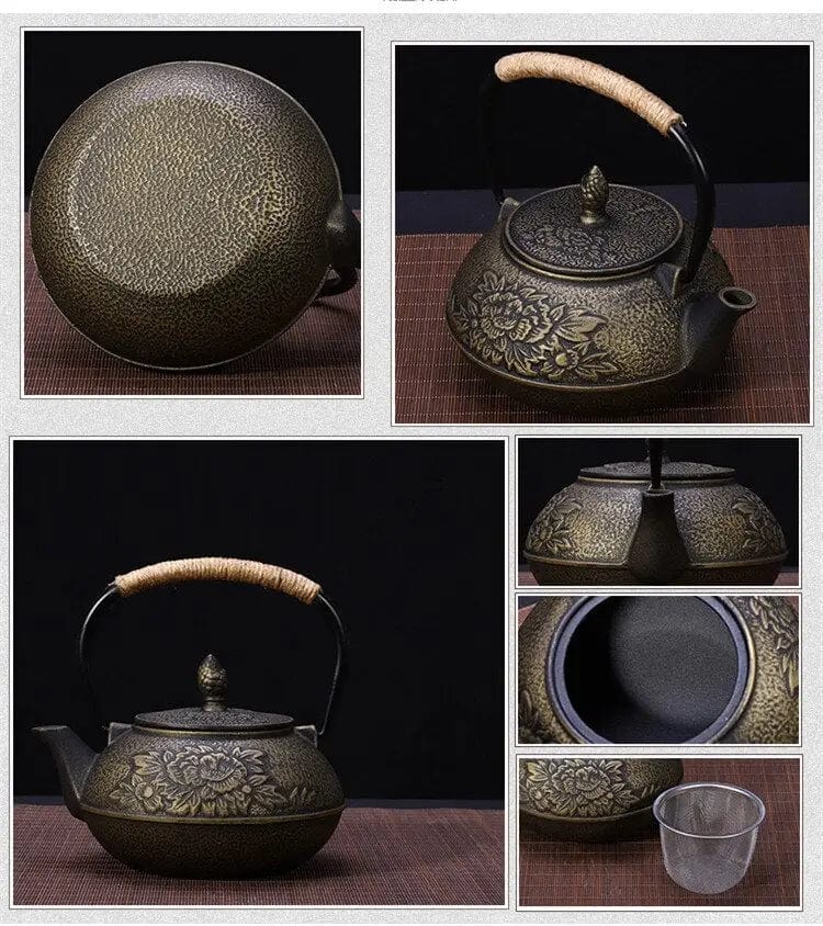 Japanse gietijzeren theepot, groot, bloem, 800 ml