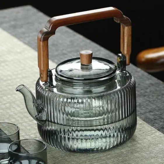 Japanse glazen theepot met vierkante houten handgreep 1,2L