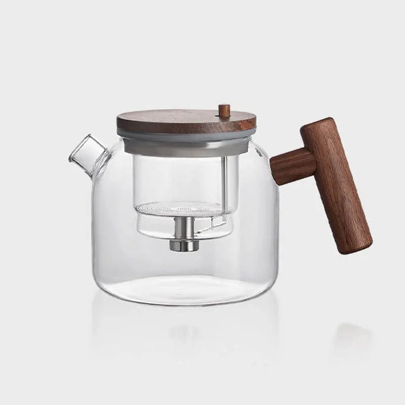 Ronde theepot van glas en hout met infuserknop 700 ml