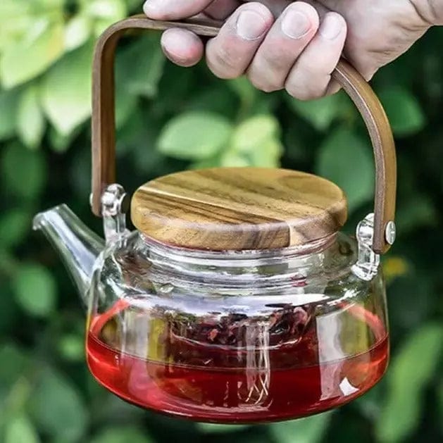 Scandinavisch theeservies van glas en acaciahout, 600 ml