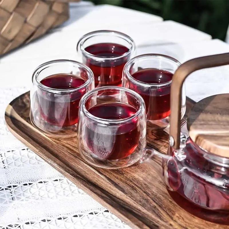 Scandinavisch theeservies van glas en acaciahout, 600 ml