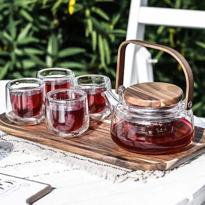 Scandinavisch theeservies van glas en acaciahout, 600 ml