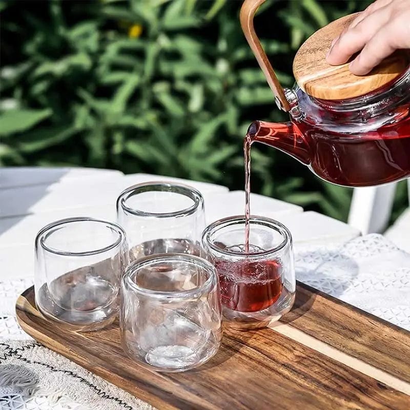 Scandinavisch theeservies van glas en acaciahout, 600 ml