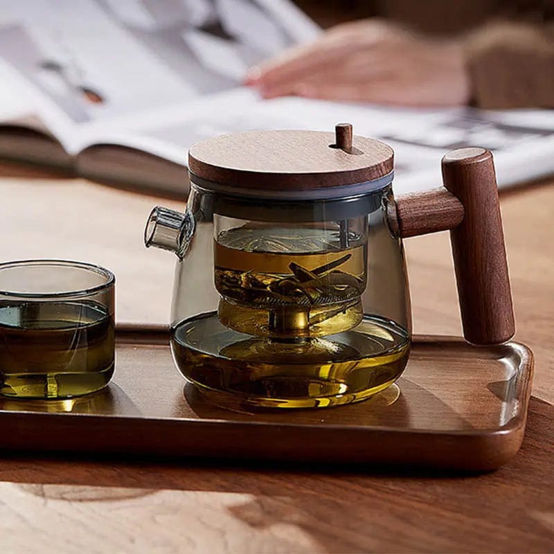 Theepot van glas en hout met knopfilter 400 ml