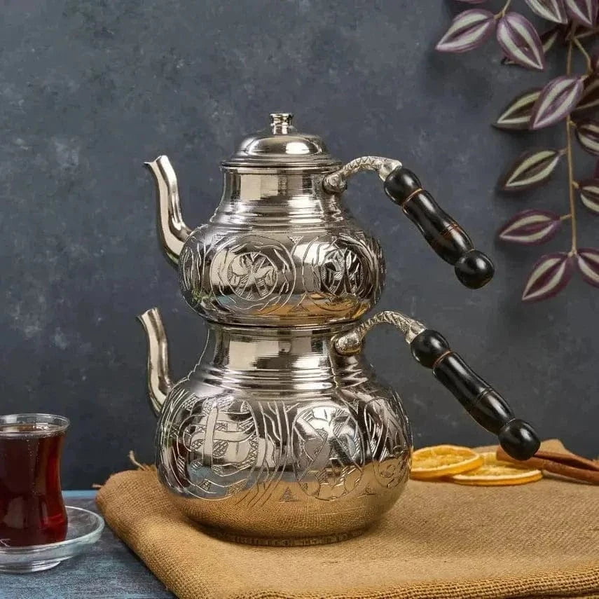 Turkse zilveren dubbellaagse koperen theepot