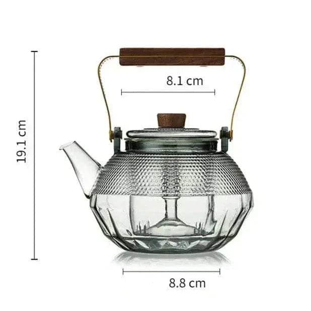 1L glazen theepot met stippen en houten handvat
