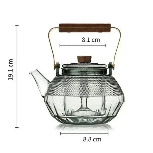 1L glazen theepot met stippen en houten handvat
