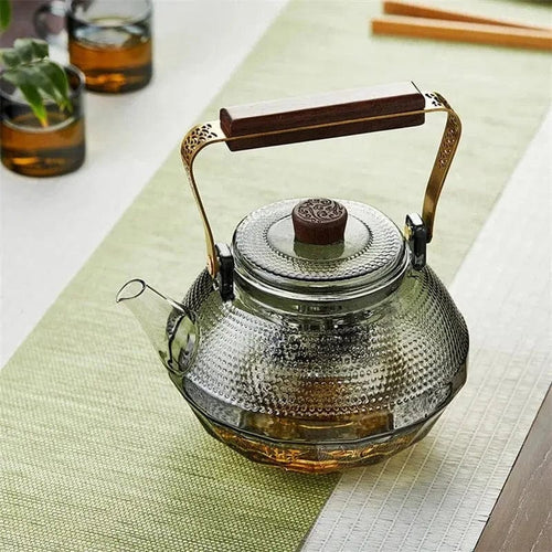 1L glazen theepot met stippen en houten handvat