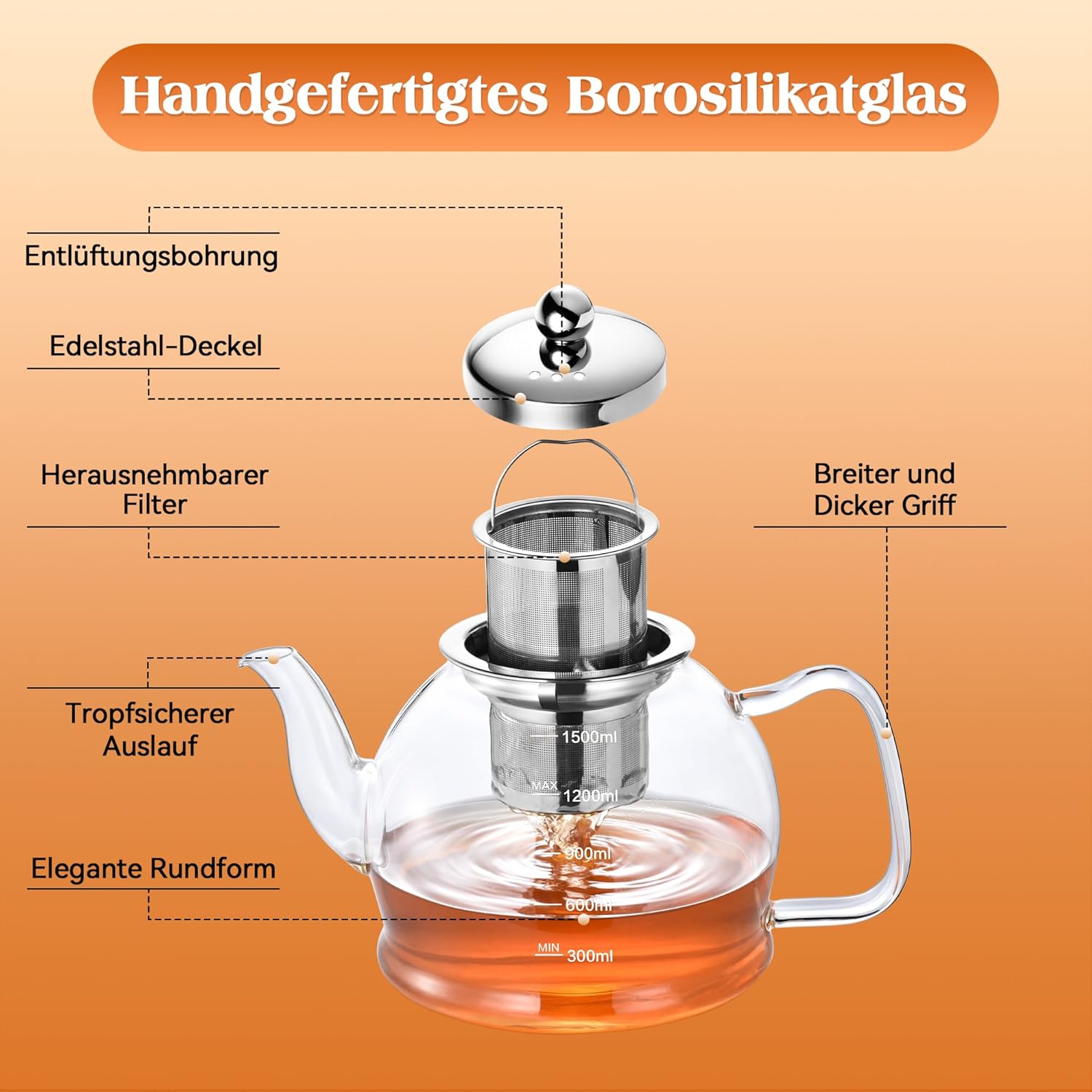 Glazen theepot 1,5L met infuser en filter – hittebestendige theepot voor losse thee