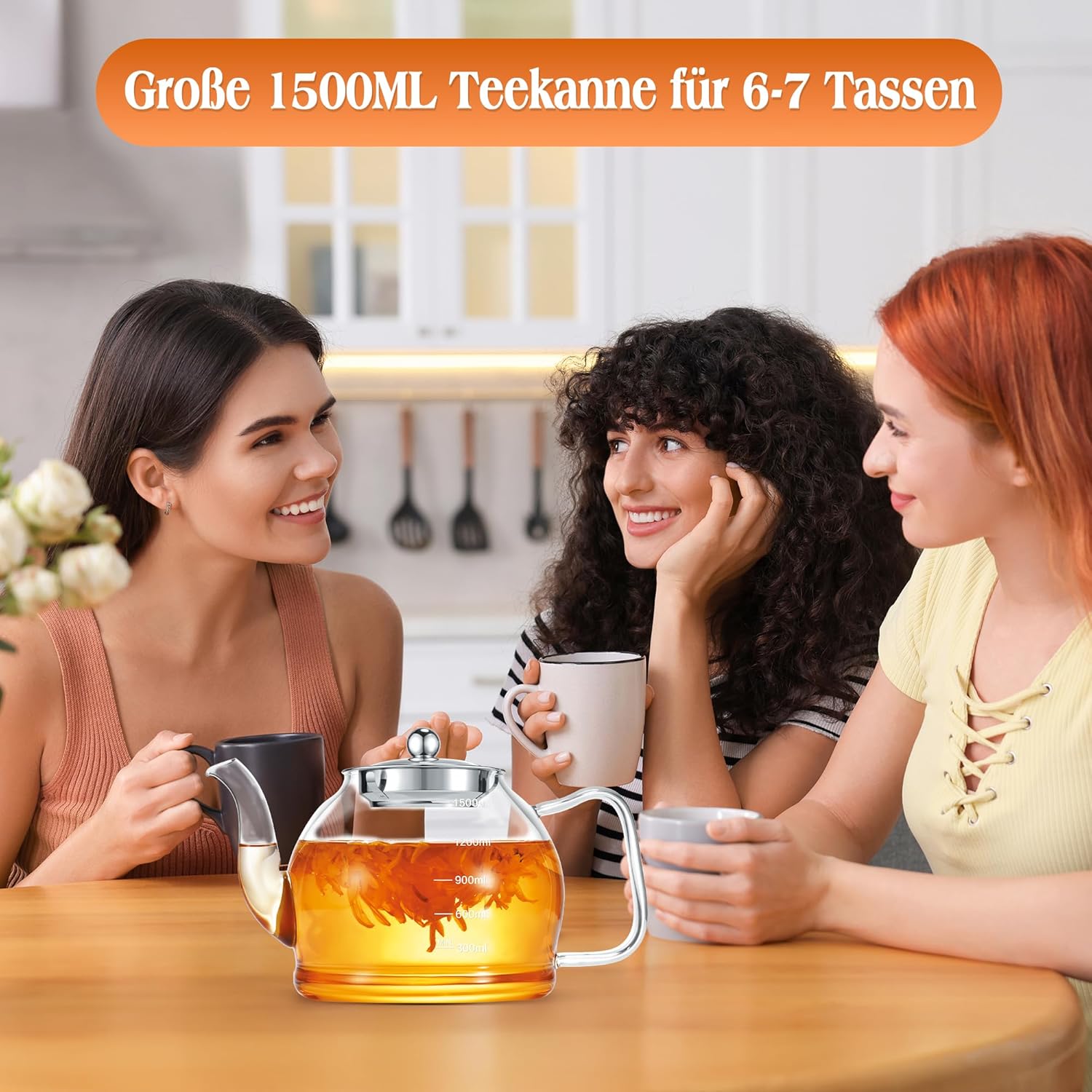 Glazen theepot 1,5L met infuser en filter – hittebestendige theepot voor losse thee