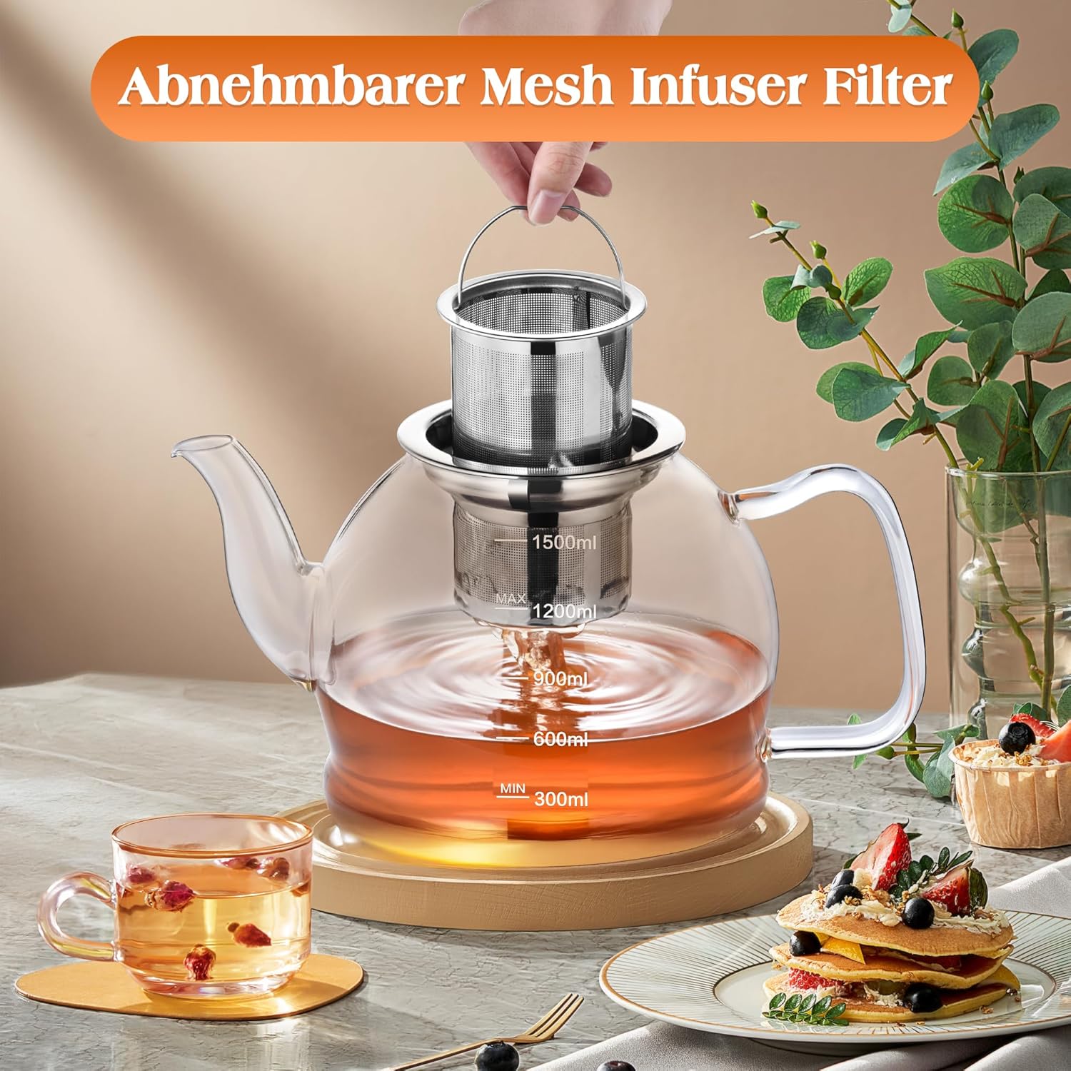 Glazen theepot 1,5L met infuser en filter – hittebestendige theepot voor losse thee