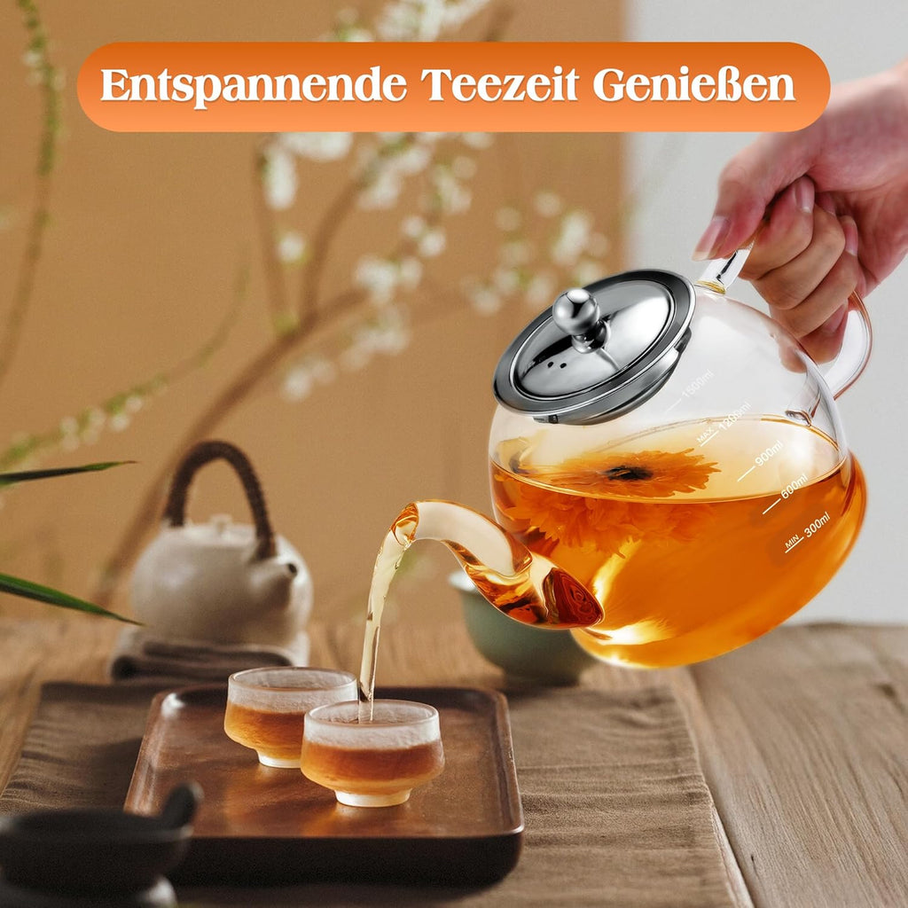 Glazen theepot 1,5L met infuser en filter – hittebestendige theepot voor losse thee - afbeelding 4