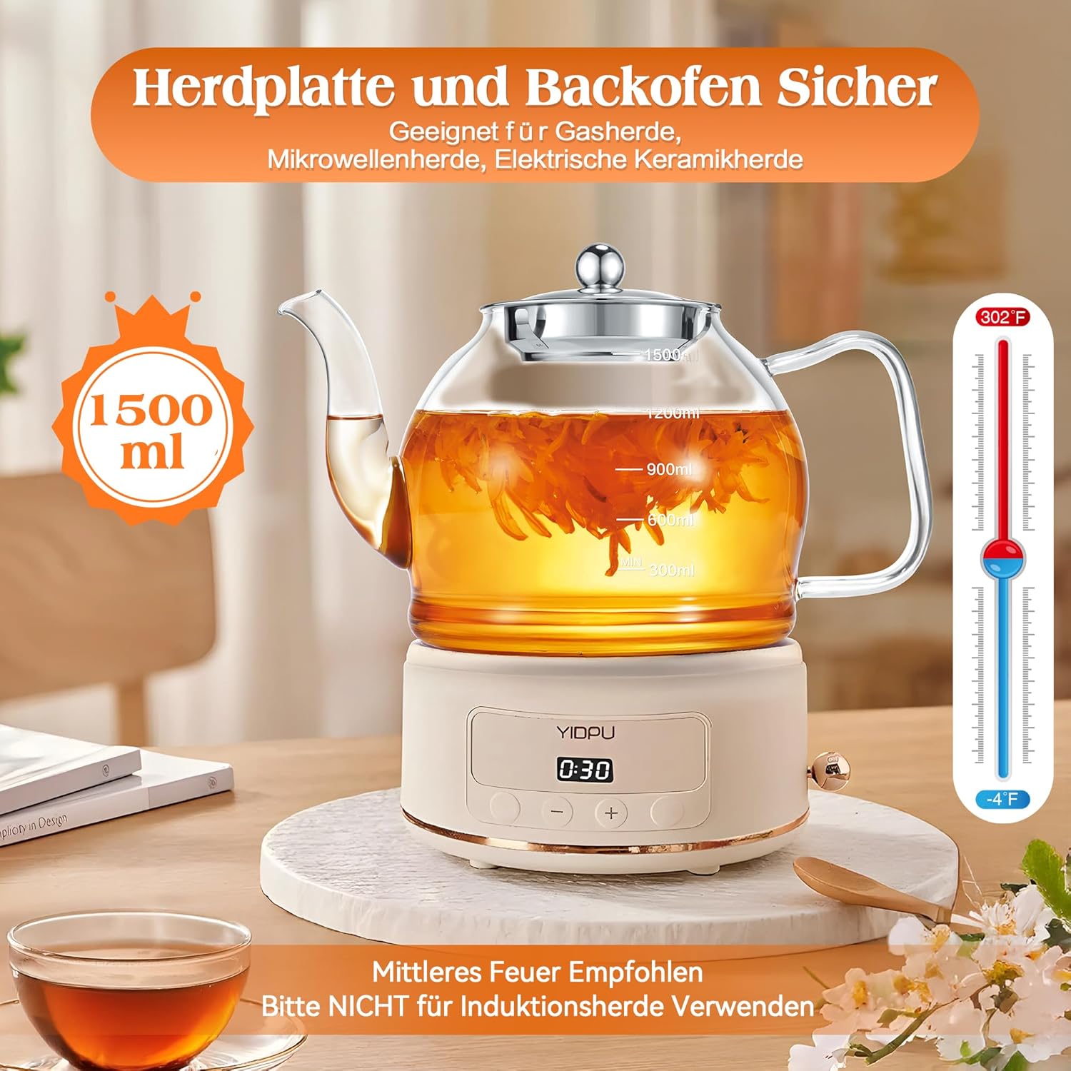 Glazen theepot 1,5L met infuser en filter – hittebestendige theepot voor losse thee