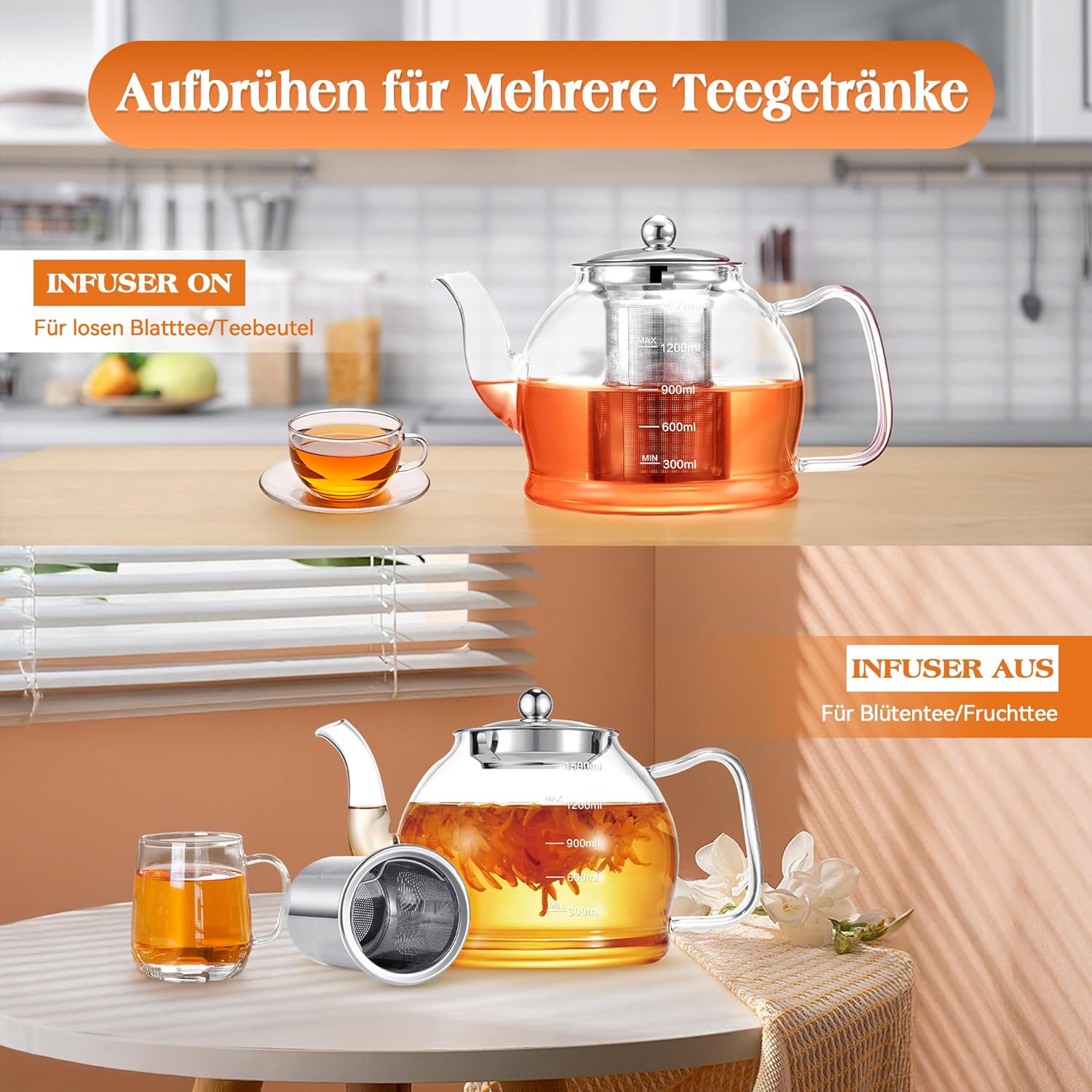 Glazen theepot 1,5L met infuser en filter – hittebestendige theepot voor losse thee