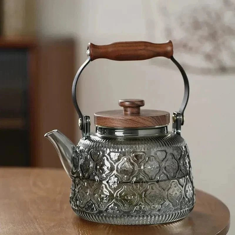 900 ml reliëf theepot van transparant grijs glas en hout