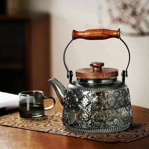 900 ml reliëf theepot van transparant grijs glas en hout