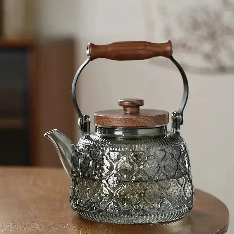 900 ml reliëf theepot van transparant grijs glas en hout