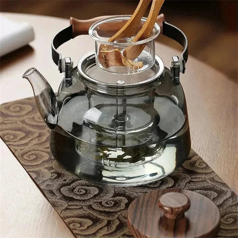 900 ml transparante grijze theepot van glas en hout