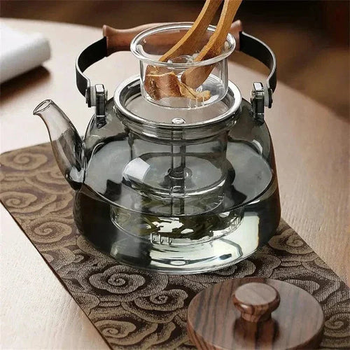 900 ml transparante grijze theepot van glas en hout