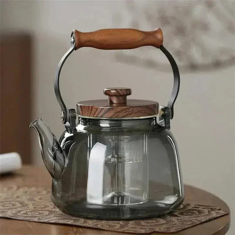 900 ml transparante grijze theepot van glas en hout