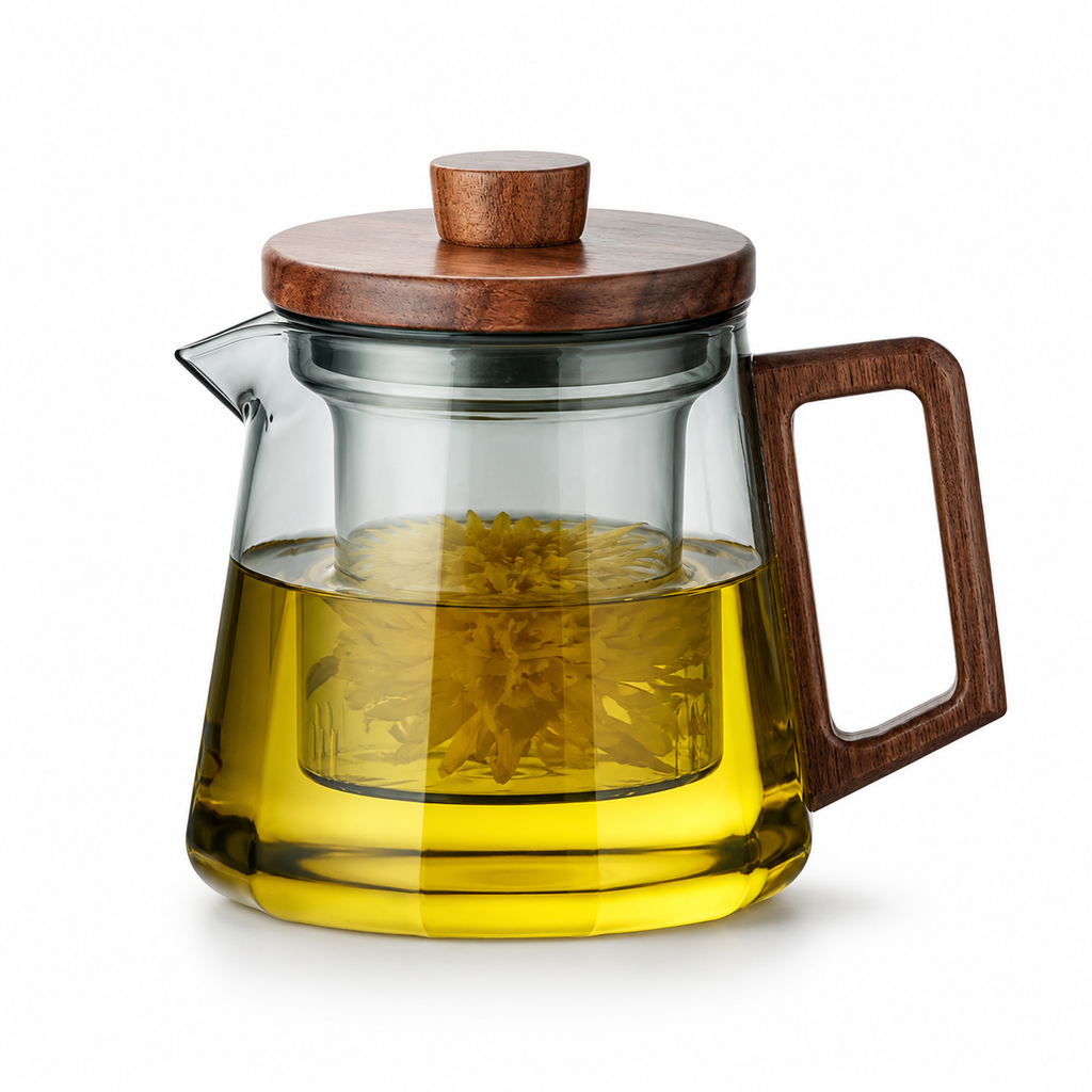 Glazen theepot met infuser en walnoot handgreep – 500 & 700 ml