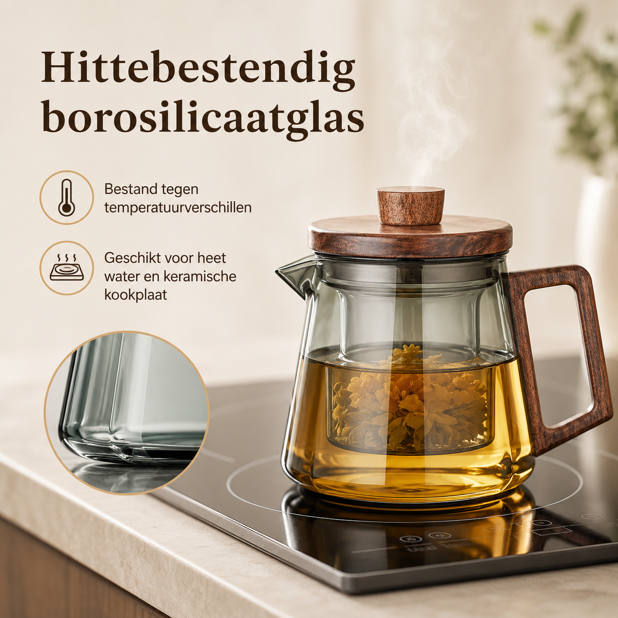 Glazen theepot met infuser en walnoot handgreep – 500 & 700 ml