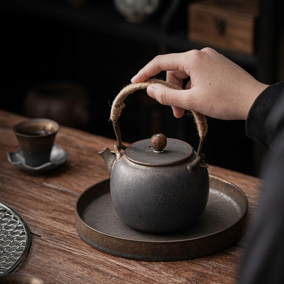 Japanse keramische theepot 475 ml met vintage design en handvat met touw