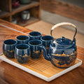 Japans blauw landschap theeservies met dienblad – theepot 820 ml en 6 kopjes