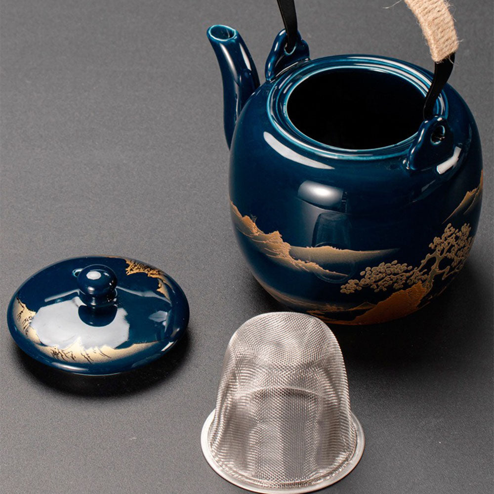 Japans blauw landschap theeservies met dienblad – theepot 820 ml en 6 kopjes