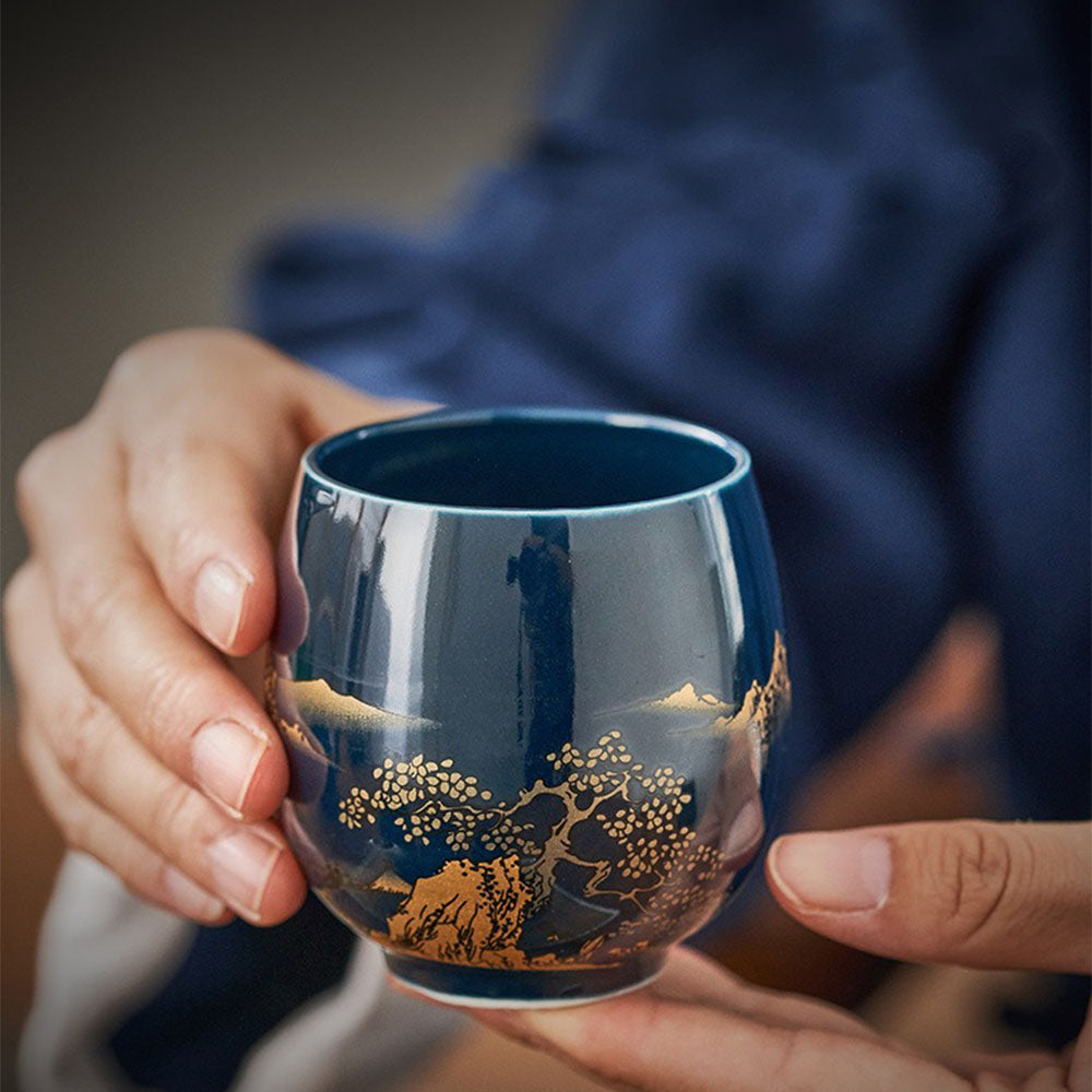 Japans blauw landschap theeservies met dienblad – theepot 820 ml en 6 kopjes