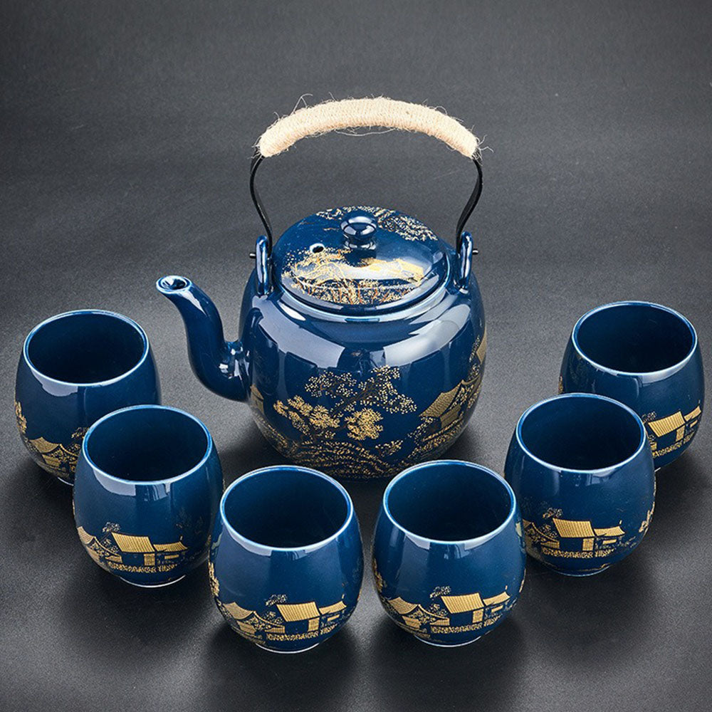 Japans blauw landschap theeservies met dienblad – theepot 820 ml en 6 kopjes