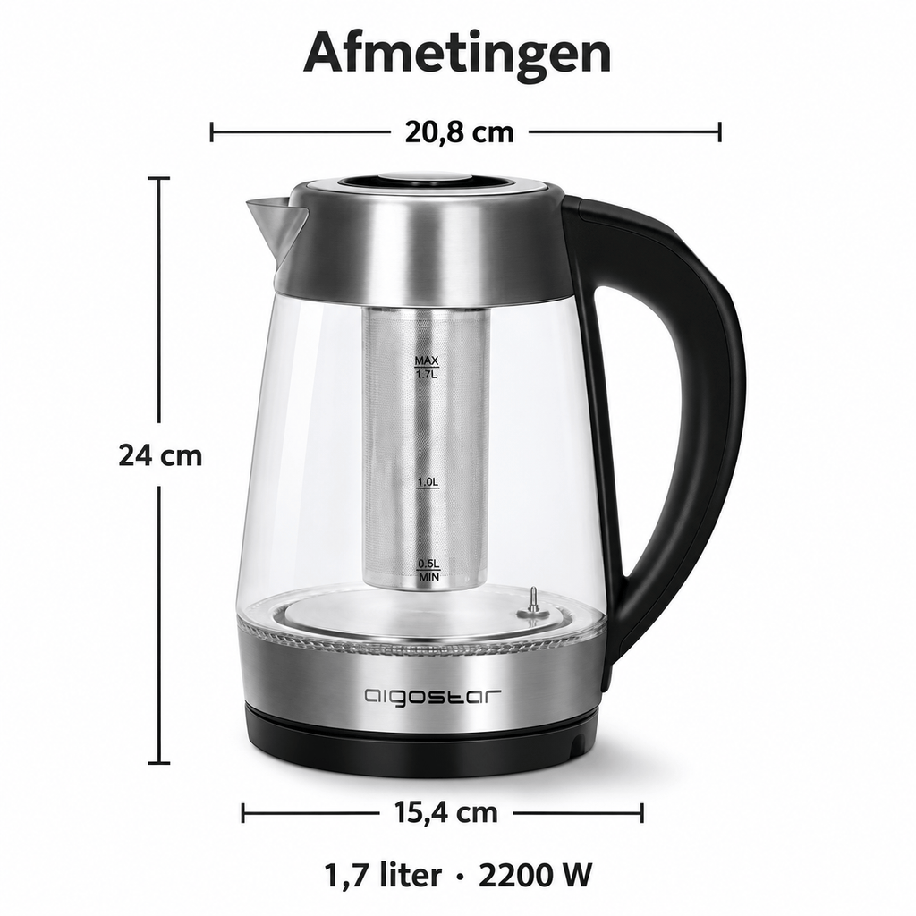 Aigostar glazen waterkoker 1,7 liter – infuser en 5 temperatuurstanden