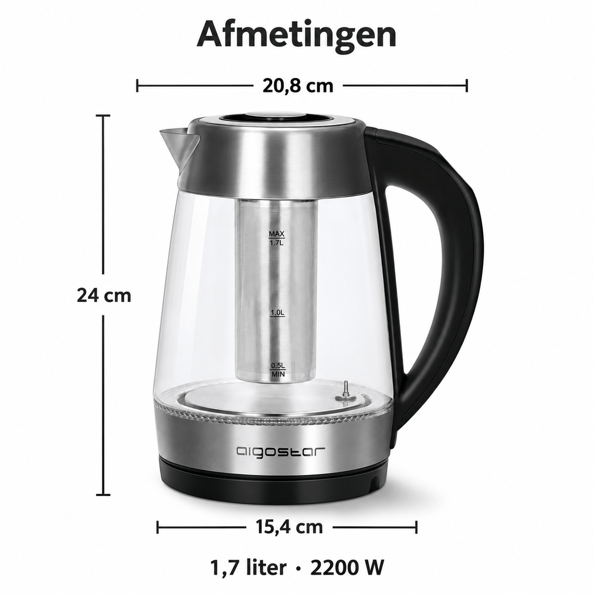 Aigostar glazen waterkoker 1,7 liter – infuser en 5 temperatuurstanden