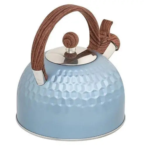 Blauwe RVS fluitketel 2,5 liter met houten handgreep