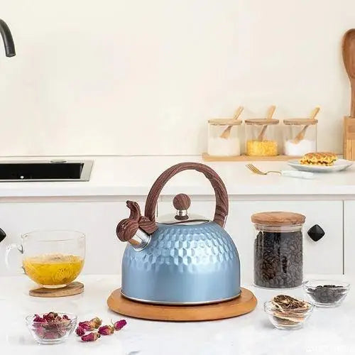 Blauwe RVS fluitketel 2,5 liter met houten handgreep
