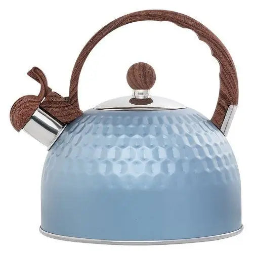 Blauwe RVS fluitketel 2,5 liter met houten handgreep