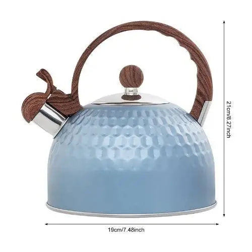 Blauwe RVS fluitketel 2,5 liter met houten handgreep