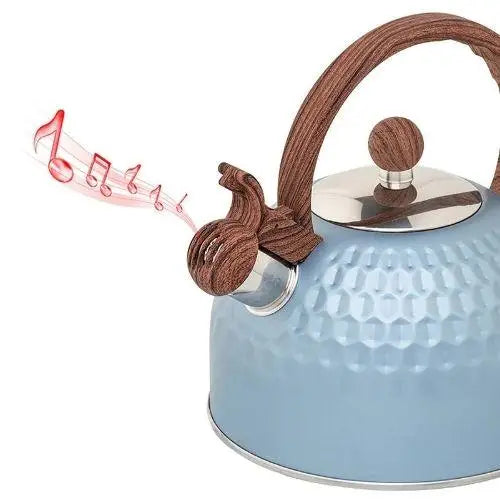 Blauwe RVS fluitketel 2,5 liter met houten handgreep
