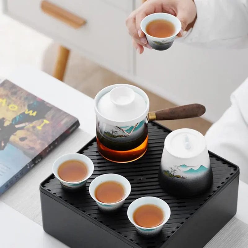 Draagbare Japanse keramische theeset met draagtas – theepot 300 ml en 4 kopjes